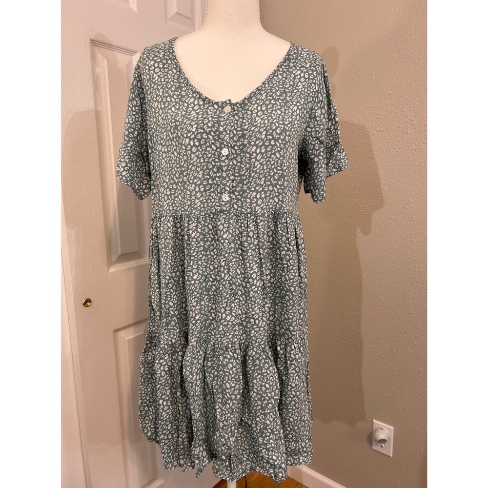 Böhme Y2K Cottagecore Babydoll Tiered‎ Sage Green Mini Dress Med V-Neck